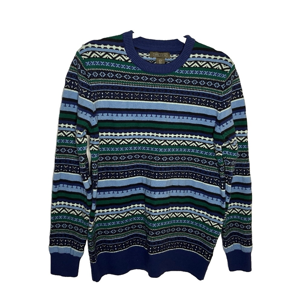 Rorie Whelan Womens Blue Green Fair Isle Stripe Cotton Wool Blend Sweater Size L